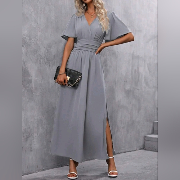 NEW Chic Ruched Waist Flutter Sleeve Maxi Dress Gray - Picture 1 of 9